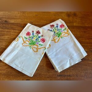 Pair of Vintage Hand Embroidered White Pillowcases Floral MCM Home Decor